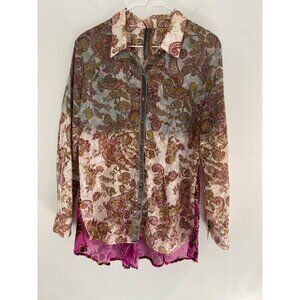Aratta long sleeve women’s top, purple paisley, sheer back velvet roses, size me